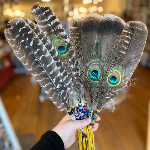 SMUDGE FEATHER FAN NATIVE AMERICAN PRAYER OFFERING CEREMONIAL - All Tribe  Silver