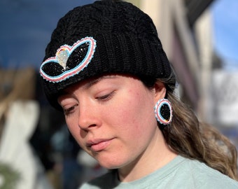 Authentic Native Made Beaded Earring & Timberland beanie Set by Littlewolf (Northern Cheyenne)