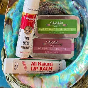 Authentic Native Made Lip Balm and Lip Butter; Sweetgrass, Rosehip, Frybread, Vanilla, Beeswax