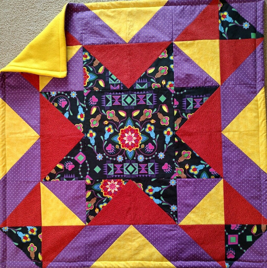 Handmade Star Quilt Blackfoot Designed, Native Made Fabric Throw and