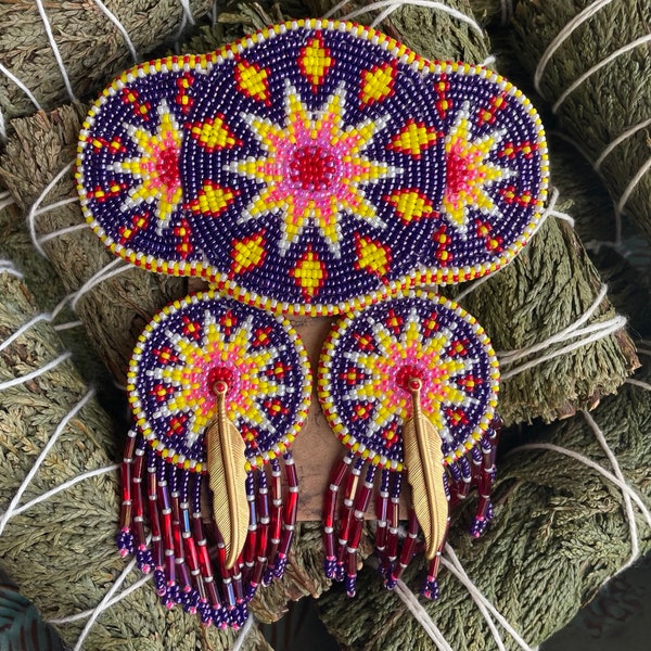 Authentic Native Made Beaded Barrette with Matching Earrings