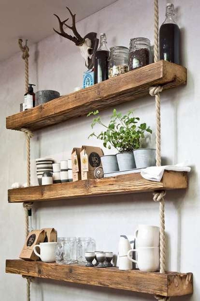 Retro Handmade Wooden Shelf with Ropes Etsy