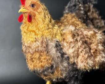 May include: A detailed plush rooster with a red comb and wattle, yellow beak, and golden legs. The rooster's body features a mix of brown, black, and yellow fur. The background is a solid black.