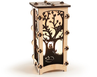 Tree of Life Wood Statement Lantern, Cozy unique animal lantern made with solid Maple or Cherry Wood, Professionally finished electric lamp