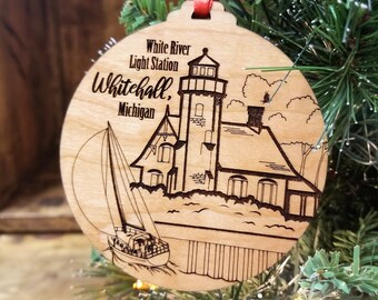 White River Lighthouse Whitehall Michigan Wooden Holiday Christmas Ornament