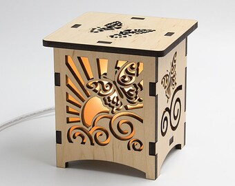 Butterfly Wooden Statement Lantern, Cozy unique lantern made with solid Maple or Cherry Wood, Professionally finished electric lamp