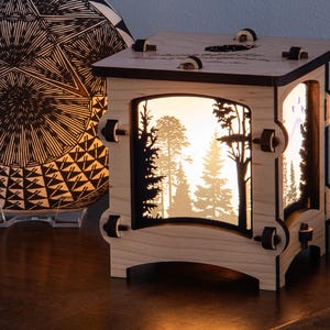 Peaceful Forest Wooden Statement Lantern, Cozy unique lantern made with solid Maple or Cherry Wood, Professionally finished electric lamp