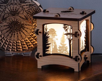 Peaceful Forest Wooden Statement Lantern, Cozy unique lantern made with solid Maple or Cherry Wood, Professionally finished electric lamp