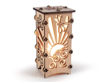 Dragonfly Sunshine Wooden Statement Lantern, Cozy unique lantern made with solid Maple or Cherry Wood, Professionally finished electric lamp