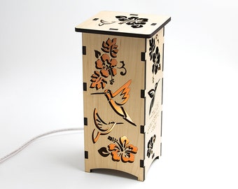 Hummingbird Hibiscus Wood Statement Lantern, Cozy unique lantern made with solid Maple or Cherry Wood, Professionally finished electric lamp