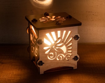 Dragonfly Sunburst Wood Lantern, Maple or Cherry, Electric Lamp
