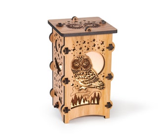 Owl Wooden Statement Lantern, Owl and Moon nightlight lantern made with solid Maple or Cherry wood, Professionally finished electric lamp