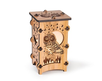 Owl Wooden Statement Lantern, Owl and Moon nightlight lantern made with solid Maple or Cherry wood, Professionally finished electric lamp