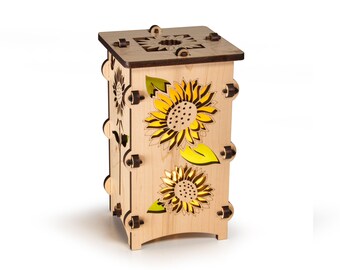 Sunflowers Wooden Statement Lantern, Cozy unique lantern made with solid Maple or Cherry Wood, Professionally finished electric lamp