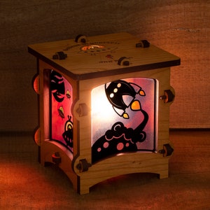 Unique Wooden Lantern with Original Alien Design - Maple or Cherry Hardwood and professionally finished with electrical cord and bulb