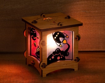 Unique Wooden Lantern with Original Alien Design - Maple or Cherry Hardwood and professionally finished with electrical cord and bulb