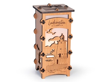 Ludington Michigan Lighthouse Wood Statement Lantern, Unique lantern made with solid Maple or Cherry, Professionally finished electric lamp