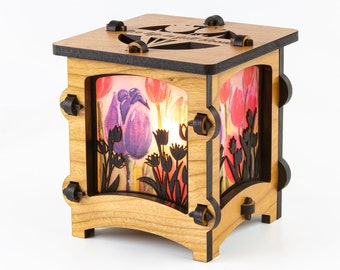 Watercolor Tulip Wooden Statement Lantern, Cozy unique lantern made with solid Maple or Cherry Wood, Professionally finished electric lamp