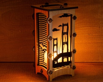 Mackinac Bridge Michigan Wood Statement Lantern, Unique lantern made with solid Maple or Cherry Wood, Professionally finished electric lamp