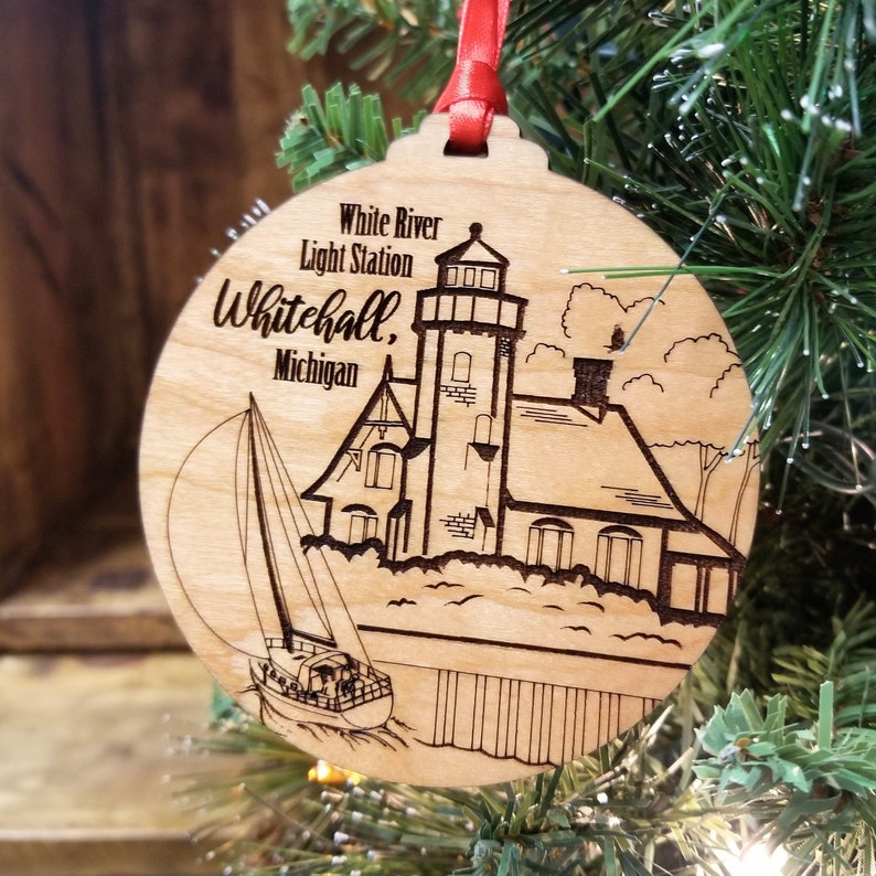 White River Lighthouse Whitehall Michigan Wooden Holiday Christmas Ornament image 1