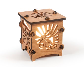 Dragonfly Sunshine Wooden Statement Lantern, Cozy unique lantern made with solid Maple or Cherry Wood, Professionally finished electric lamp