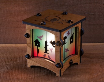 Bird Feeder Wooden Statement Lantern, Cozy unique lantern made with solid Maple or Cherry Wood, Professionally finished electric lamp