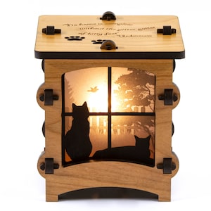 Cats in the Window Wood Lantern, Memorial Gift for Pet Loss, Unique lantern made with solid Maple or Cherry Wood, Professionally finished