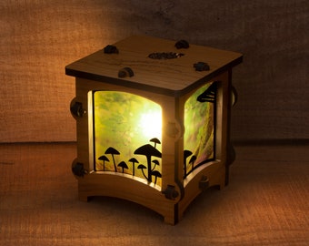 Mushroom Fungi Forest Wooden Statement Lantern, Cozy lantern made with solid Maple or Cherry Wood, Professionally finished electric lamp