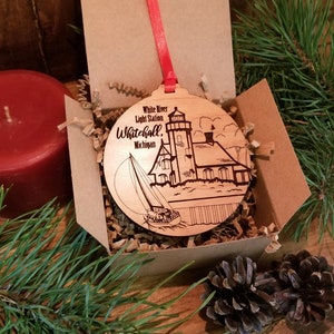 White River Lighthouse Whitehall Michigan Wooden Holiday Christmas Ornament image 2