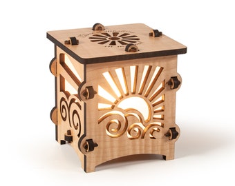 Sunburst Art Deco Wooden Statement Lantern, Cozy unique lantern made with solid Maple or Cherry Wood, Professionally finished electric lamp