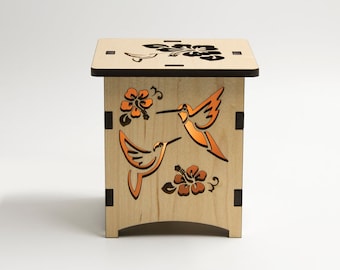 Hummingbird and Flowers Wooden Statement Lamp, made with solid Maple or Cherry Wood