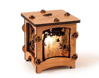 Birds and Birch Trees Wooden Statement Lantern, Unique lantern made with solid Maple or Cherry Wood, Professionally finished electric lamp