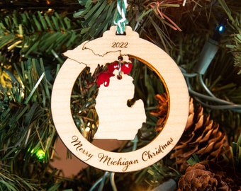 Merry Michigan Christmas Wooden Ornament, MI Holiday Bauble, Hanging wood ornament, Home State Michigan Decor, Gift for him or her