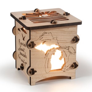 Michigan Peninsula Wooden Statement Lantern, Cozy lantern made with solid Maple or Cherry Wood, Professionally finished electric lamp