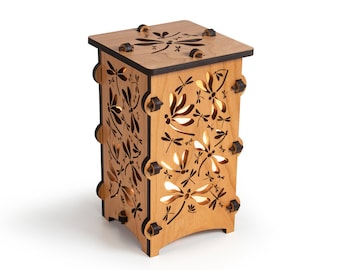 Dragonflies Wooden Statement Lantern, Cozy nightlight lantern made with solid Maple or Cherry wood, Professionally finished electric lamp