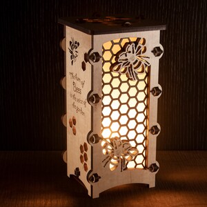 Tall Honeybee Wooden Statement Lantern, Unique lantern made with solid Maple or Cherry, Professionally finished electric lamp, Save the Bees image 2