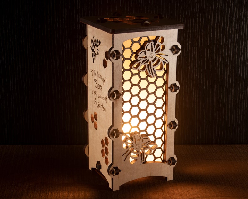 Tall Honeybee Wooden Statement Lantern, Unique lantern made with solid Maple or Cherry, Professionally finished electric lamp, Save the Bees image 2