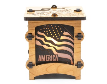 American Flag Wooden Statement Lantern, Cozy unique lantern made with solid Maple or Cherry Wood, Professionally finished electric lamp