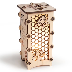 Tall Honeybee Wooden Statement Lantern, Unique lantern made with solid Maple or Cherry, Professionally finished electric lamp, Save the Bees image 1