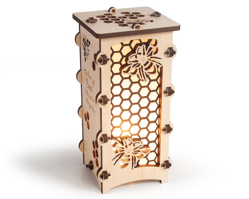 Tall Honeybee Wooden Statement Lantern, Unique lantern made with solid Maple or Cherry, Professionally finished electric lamp, Save the Bees image 1