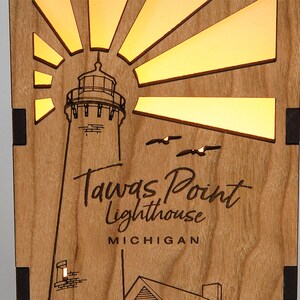 Tawas Point Michigan Lighthouse Wood Statement Lantern, Unique lantern made with Maple or Cherry wood, Professionally finished electric lamp image 7