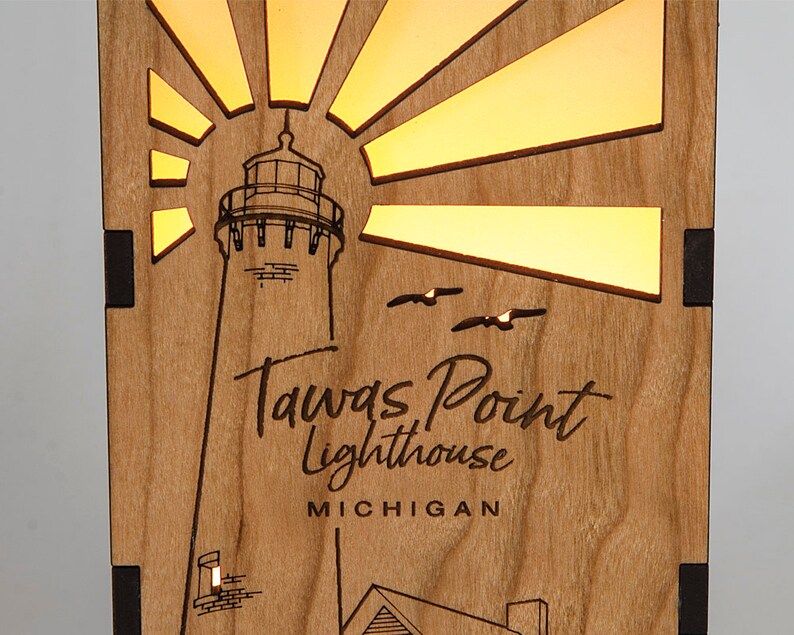 Tawas Point Michigan Lighthouse Wood Statement Lantern, Unique lantern made with Maple or Cherry wood, Professionally finished electric lamp image 7