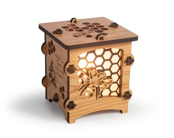 Honey Bee Wooden Statement Lantern, Cozy unique lantern made with solid Maple or Cherry Wood, Professionally finished electric lamp
