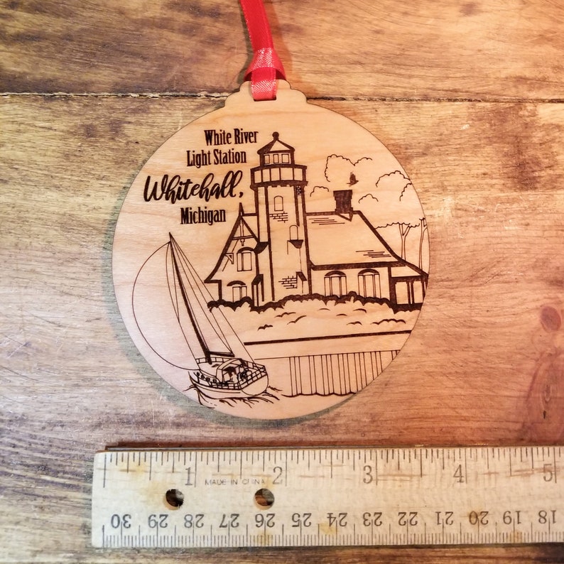 White River Lighthouse Whitehall Michigan Wooden Holiday Christmas Ornament image 3