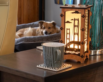 Mackinac Bridge Michigan Wood Statement Lantern, Unique lantern made with solid Maple or Cherry Wood, Michigan Souvenir