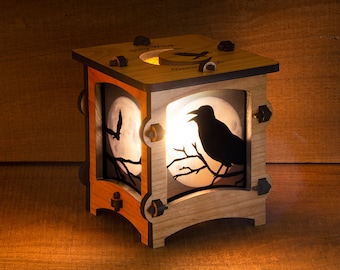 Crows and Moon Wooden Statement Lantern, Lamp made with solid Maple or Cherry Wood, Professionally finished electric lamp