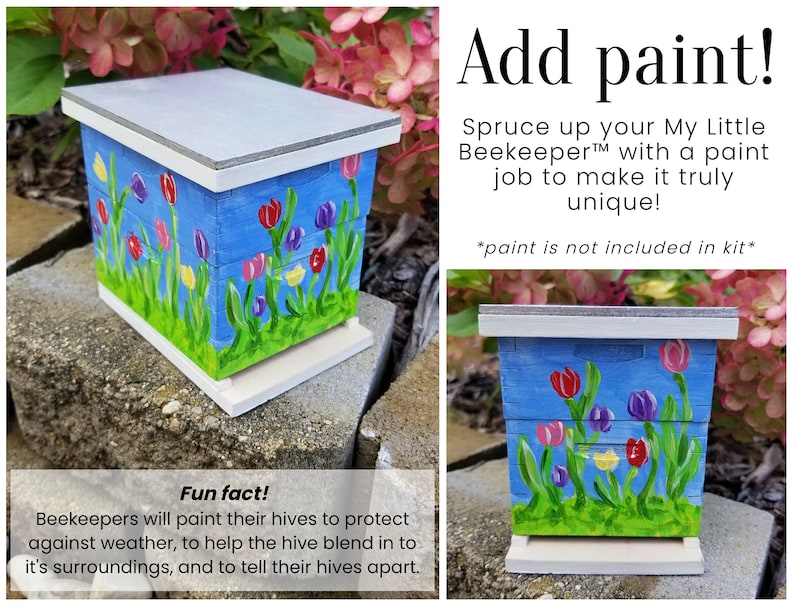 Puede incluir: Una peque&ntilde;a colmena de madera pintada con un fondo azul y un dise&ntilde;o floral de tulipanes en tonos rosa, morado, amarillo y rojo. La colmena est&aacute; sobre una superficie de piedra gris. El texto "&iexcl;A&ntilde;adir pintura!" est&aacute; en la esquina superior derecha de la imagen. El texto "&iexcl;Dale un toque especial a tu My Little Beekeeper&trade; con una capa de pintura para que sea realmente &uacute;nico!" est&aacute; debajo del texto "&iexcl;A&ntilde;adir pintura!" El texto "*la pintura no est&aacute; incluida en el kit*" est&aacute; debajo del texto "&iexcl;&uacute;nico!" El texto "&iexcl;Dato curioso! Los apicultores pintan sus colmenas para protegerlas del clima, para ayudar a la colmena a integrarse en su entorno y para distinguir las colmenas unas de otras." est&aacute; en la esquina inferior izquierda de la imagen.