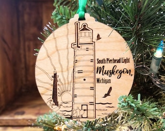 Muskegon Lighthouse Michigan, Wooden Holiday Christmas Ornament