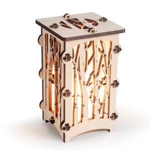 Birch Trees Forest Wooden Statement Lantern, Cozy unique lantern made with solid Maple or Cherry Wood, Professionally finished electric lamp