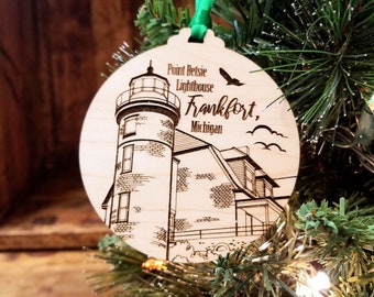 Point Betsie Lighthouse Frankfort Michigan Wooden Holiday Christmas Ornament